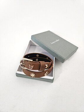 Karen Walker Runaway Vintage Leather Double Wrap Bracelet w Gold Charms + Buckle